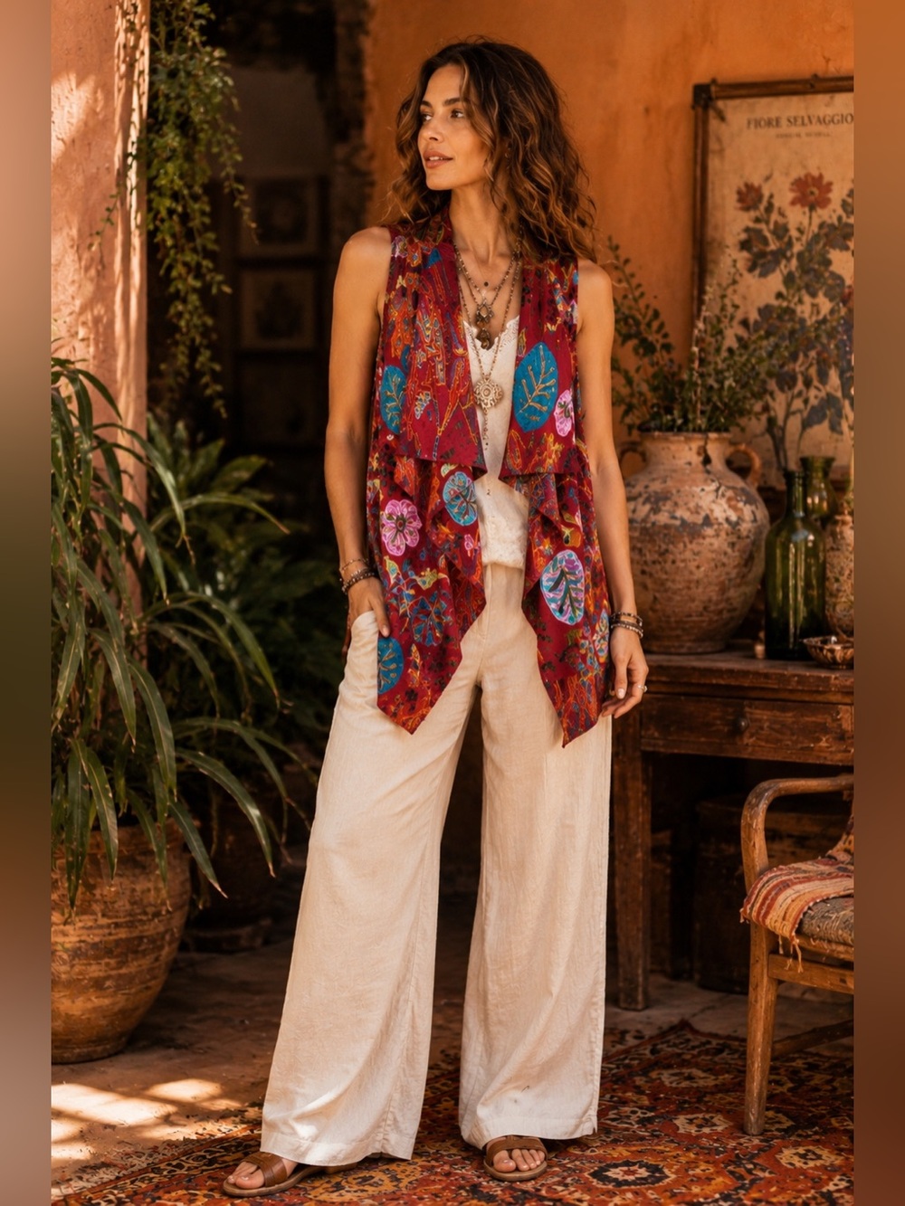 ANU Red 100% Wool Floral Embroidered Vest Open Front Fringe Trim Boho Chic Artsy